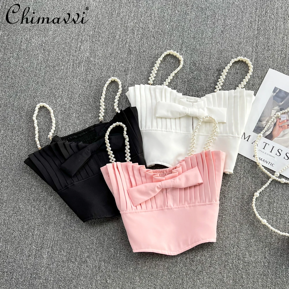 

2022 Summer New Beaded Shoulder Strap Solid Color Sling Women's Three-Dimensional Bow Decoration Sleeveless Short Top Female