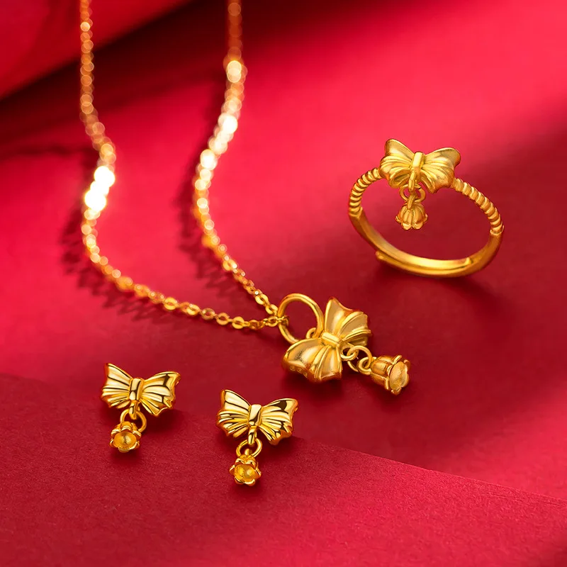 

Small Fresh Sweet Bow Bell Orchid Set Stud Earring Necklace Ring Three-Piece Set Women's Sand-Gold
