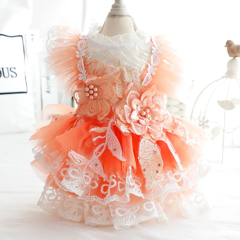 

Dog Clothes Summer Thin Cat Princess Dress Orange Hollow Out Dress Wedding Dress Small Dog Pet