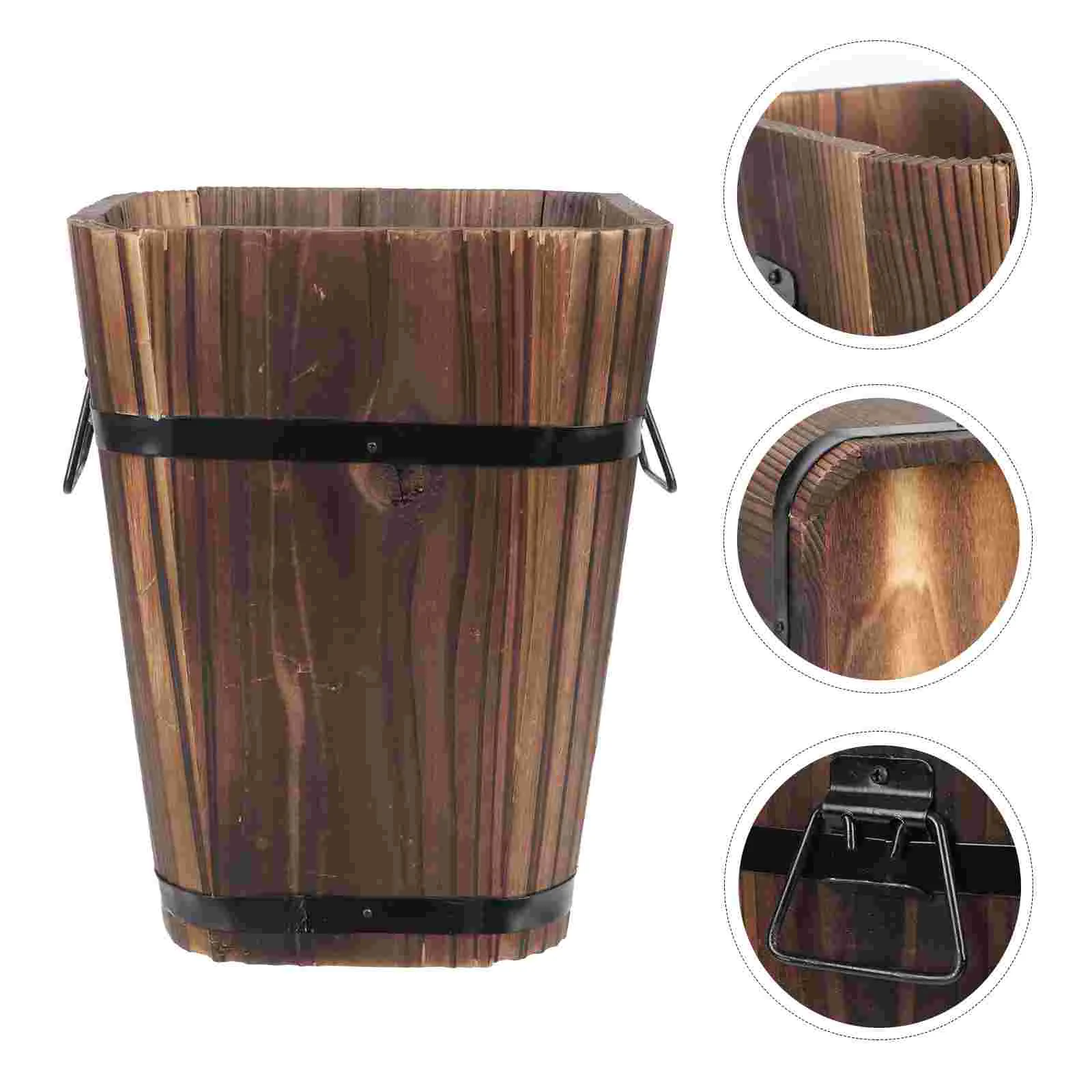 

Flower Pot Box Carbonized Solid Wood Flowerpot Large Round Planter Rustic Garden Iron Small Barrel Pots for plants