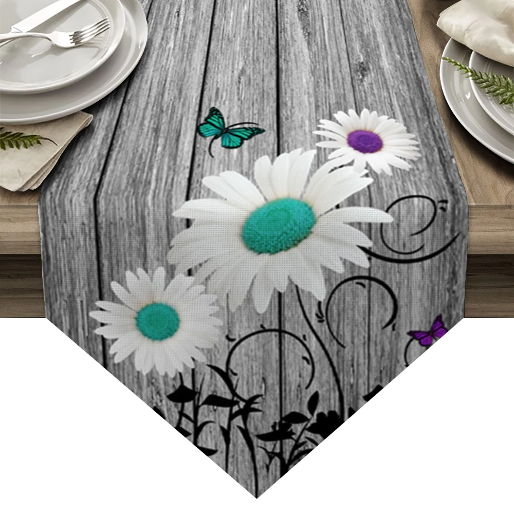 

Wood Grain Butterfly Daisy Table Runner Wedding Decoration Anti-stain Coffee Table Tablecloth Table Cover Table Runner