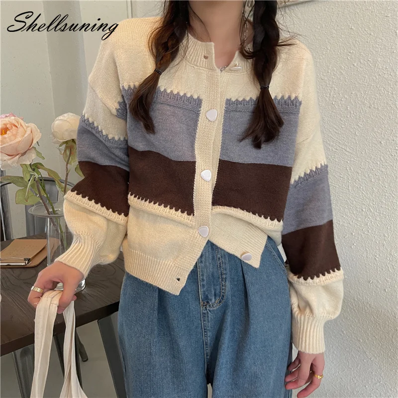 

Shellsuning Gentle Sweet Lazy Oaf O-neck Knitted Cardigan Women Loose Retro Minimalist Sweater Female Casual All-match Knitwear