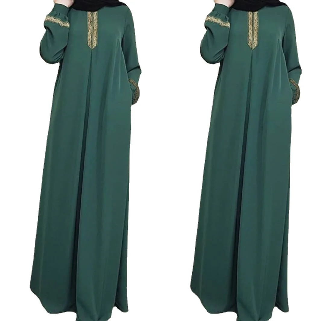 Muslim Abayat Ethnic Style Print Abayas for Women Solid Color Loose Casual Robe Femme Musulman for Middle East Arabia