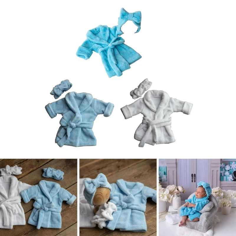 

N80C Baby Photo Shooting Outfit Bow-Headwrap Flannel Bathrobe Wrap Infant Costume Photostudio Posing Suit Newborn Shower Gift