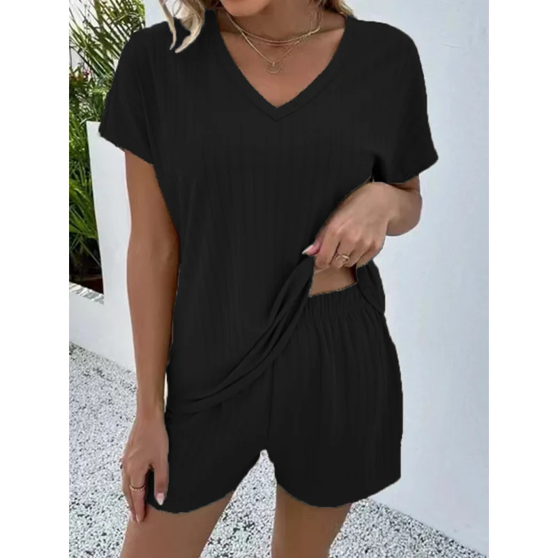 Women's Summer Shorts Set 2023 New Sexy V-Neck Solid Color Casual Loose Pullover Fashion Plus Size Two Piece Home Pajama T-Shirt
