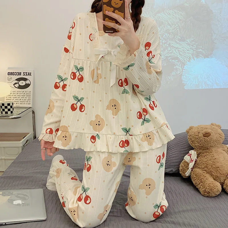 Yasuk Spring Autuum Fashion Women's Casual Print Pocket Sleepwear Homewear Cute Lovely Pajamas With Pants Soft Lace Cherry