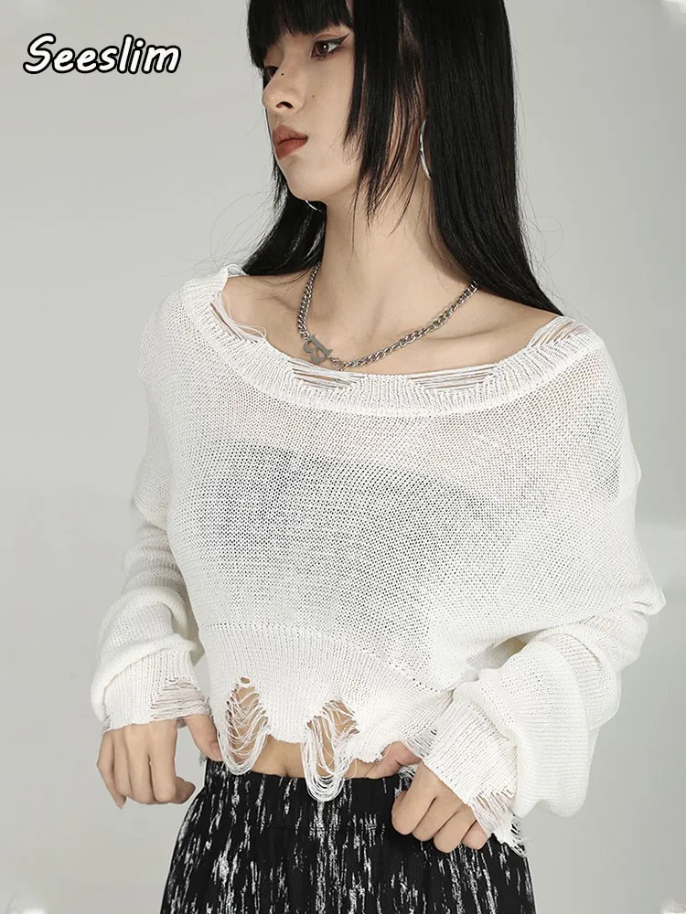 

Seeslim See Through Loose Hollow Out Knit Sweater Women Hole Broken Crop Tops Pullovers Korean Streetwear Stretch Split Summer