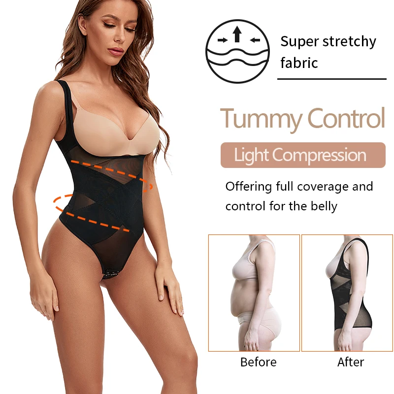 Sexy Mesh Thongs Bodysuit Shapewear Women Slimming Sheath Flat Belly Underwear Tummy Control Cross Compression Body Shapers XXXL