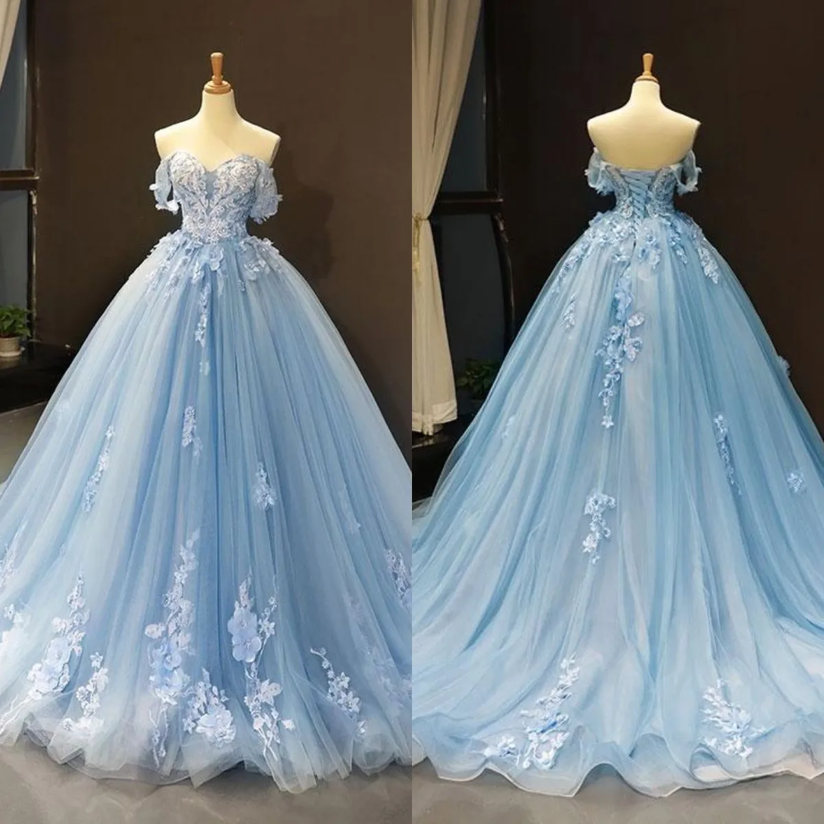 

Vintage Sky Blue A Line Prom Dresses Appliques Beads Sweetheart Evening Gowns Sexy Off Shoulder Celebrity Wedding Party Robes