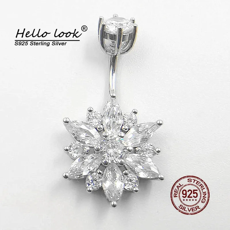 HelloLook Chrysanthemum Zircon Belly Button Ring for Women 925 Sterling Silver Navel Pierc Sexy Body Piercing Silver Jewelry