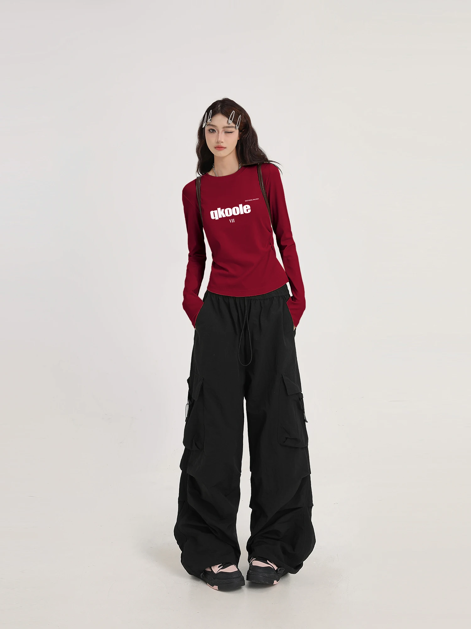 Wine Red Shoulder Long sleeves Shirt Women Spring 2025 New Popular Small Slim fit Slimming Bottoming Top