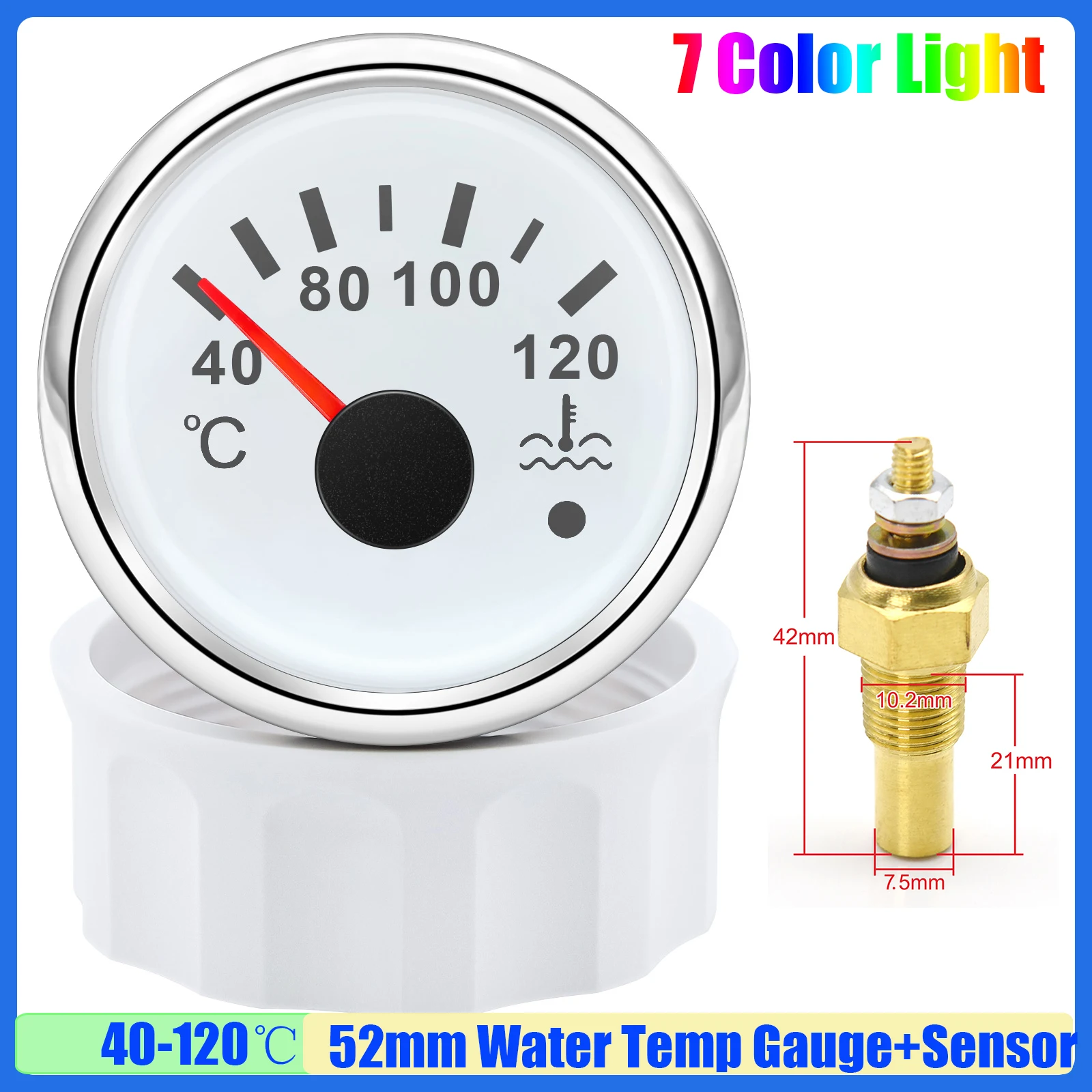 40-120 ℃   Датчик температуры воды 52 мм с датчиком, 7 цветов, указатель температуры воды, мигающая сигнализация для автомобиля, лодки, яхты, 12 В, 24 В