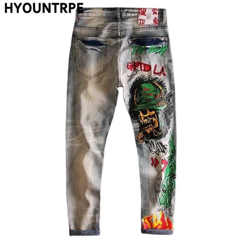 Skull Graffiti Printed Ripped Denim Jeans Hip Hop Distressed Biker Jeans Fashion Streetwear Slim Pants Joggers Y2k Men’s Jeans