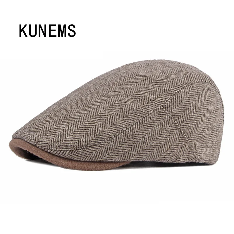 KUNEMS Fashion Hat for Men Casual Man Berets Striped Newsboy Caps Boina Autumn Winter Woolen Dad Hats Decorate Flat Cap Gorras