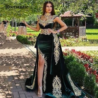 romantic moroccan caftan evening dress gold appliques side high silt royal green mermaid velet saudi arabia prom party gowns