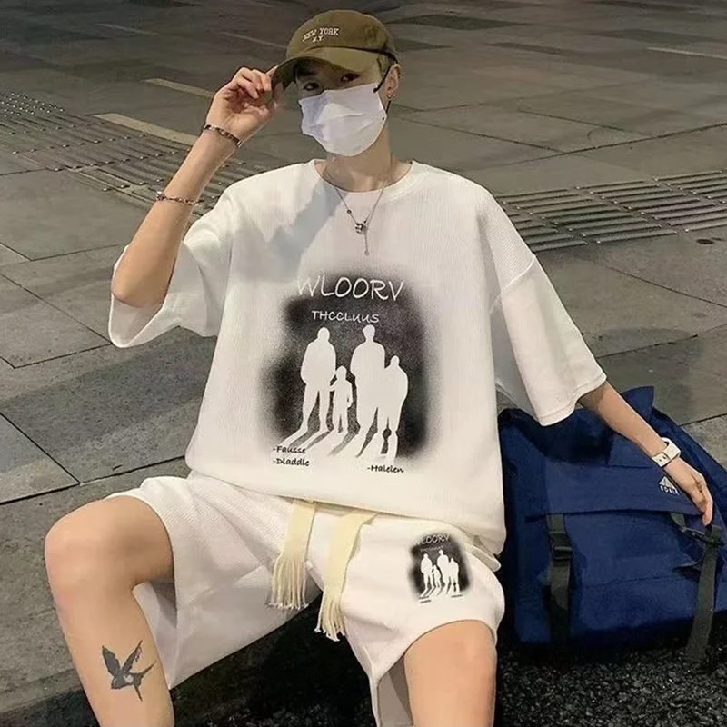 Men's Shorts Sets 100% Cotton Harajuku Printed Fashion  Sportswears Comfortable Blouse Female Clothing Free Shiping