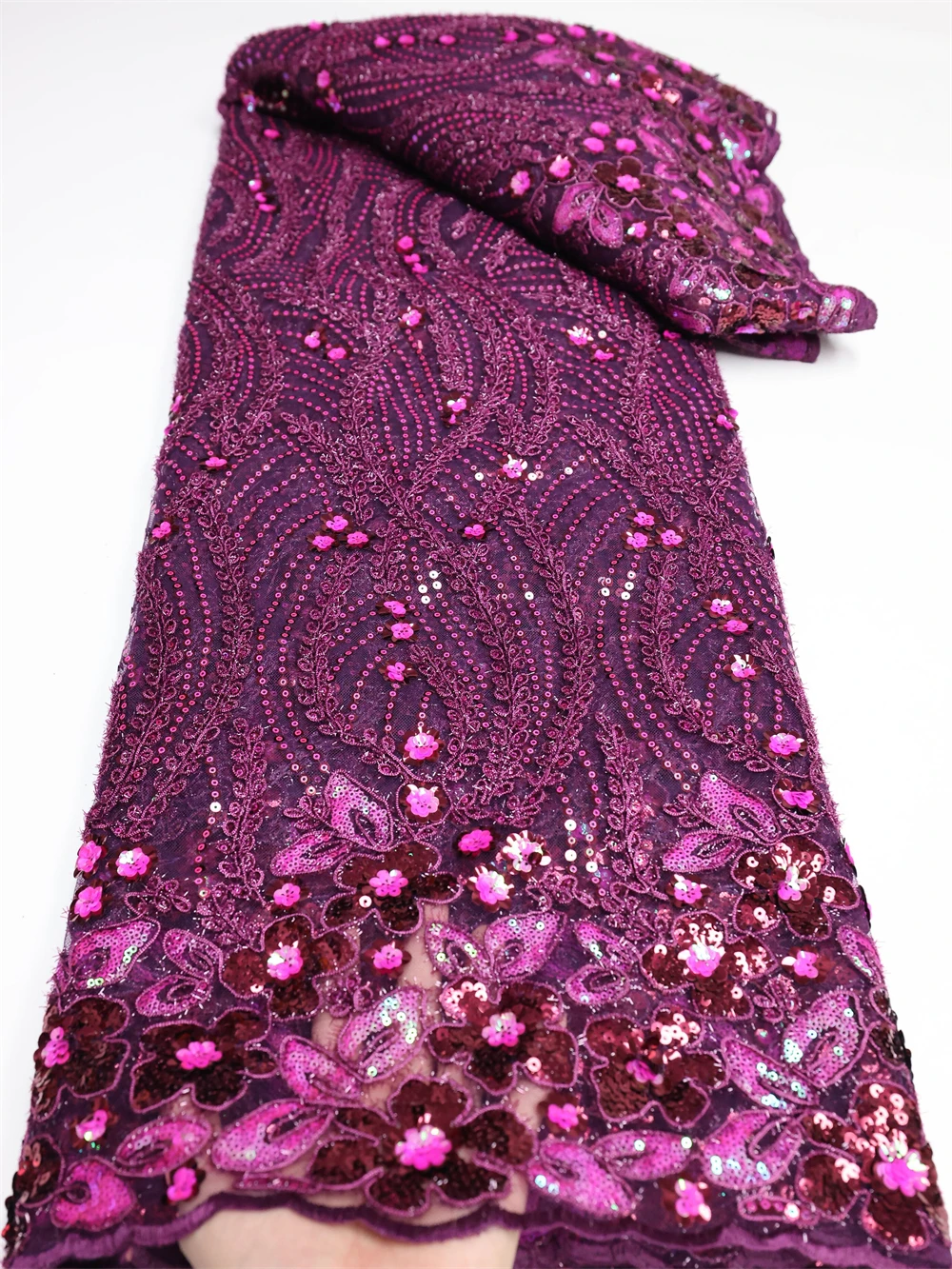 

Fuchsia African Lace Fabric 2022 High Quality Nigerian Lace Fabric 5 Yards French Luxury Sequins Lace For Wedding Dress 4368B