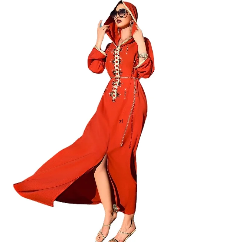 

Hooded Arabian Women's Dress Orange Red Hand Sewn Diamond Muslim Slit Abaya Loose Dubai Moroccan Caftan Holiday Traval