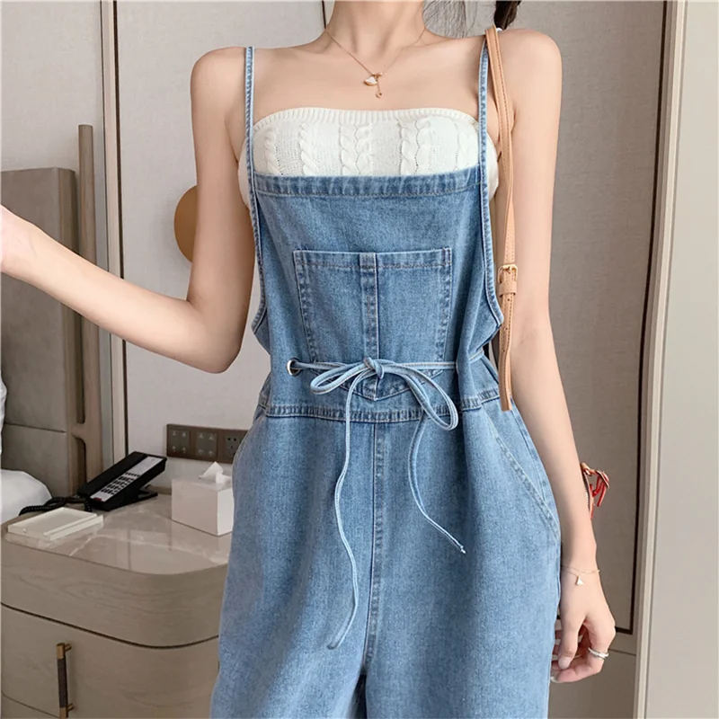 Denim Strap Pants Women's Blue Summer Leisure Commuting 2023 New Fashion Korean Version Loose and Thin, Fashionable, and Age Red