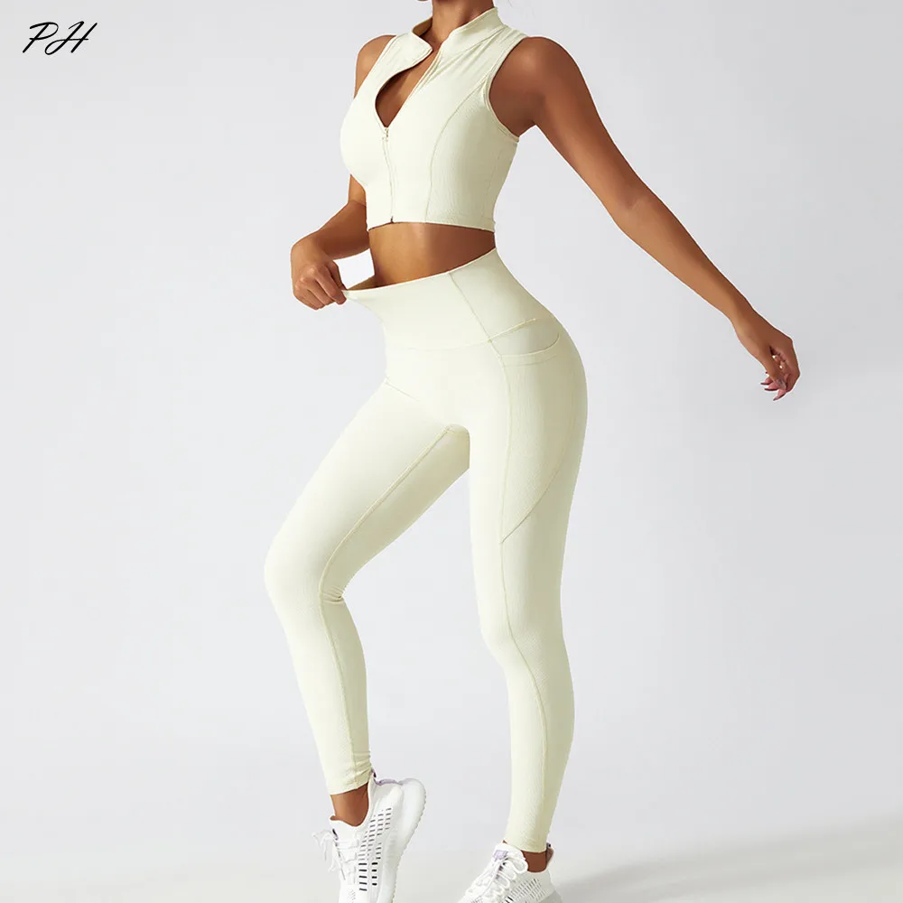 

Seamless Yoga Sport Set Women Yoga Zipper Vest Crop Top Shirt Leggings Outfit Fitness Wear Female Gym Suit Nylon Running Sets