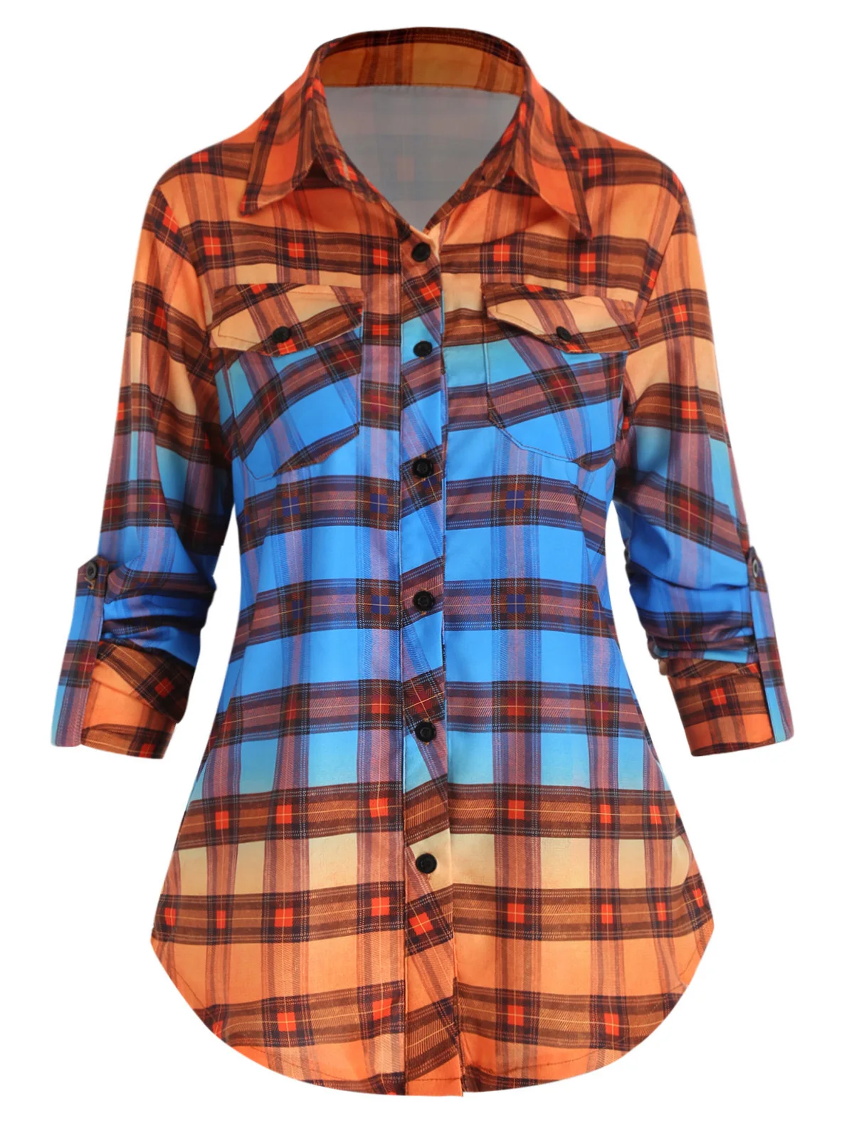 

Женская клетчатая рубашка с длинным рукавом и закругленным подолом Y2K