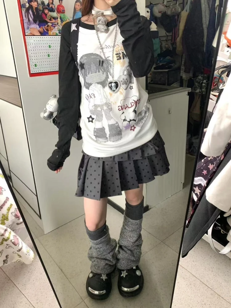 Фото HOUZHOU Y2k белые милые аниме Juminocore женские футболки Harajuku черные футболки с длинными рукавами в японском стиле большие повседневные футболки Kawaii №1