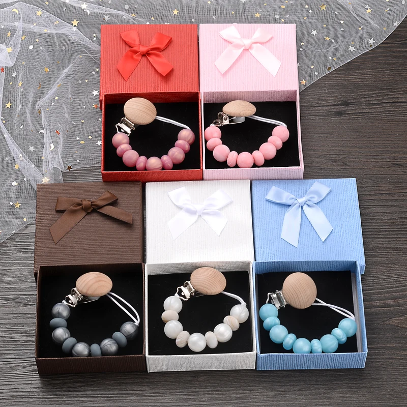 

Baby Silicone Pacifier Chain Boxed Wooden Nipple Clips Kette Infant Nursing Chew Toy Shower Gift Soother Dummy Holder Chain