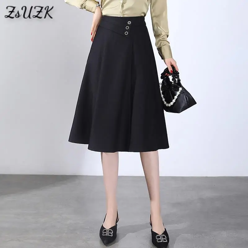 

Женская юбка-трапеция с завышенной талией, на пуговицах, новая весенне-осенняя офисная элегантная юбка средней длины, повседневные юбки с к...