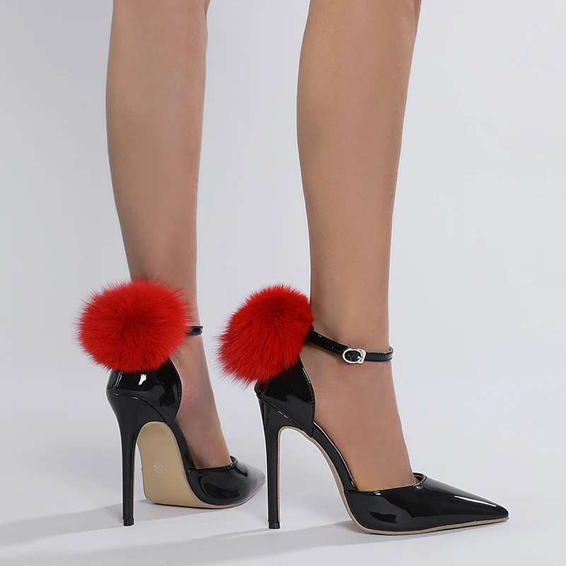 

Xibeilove 35-42 Black Patent Leather Designer Pointed Toe Stiletto Pumps Women Fashion Faux Fur Ball Heels Party Prom Shoe
