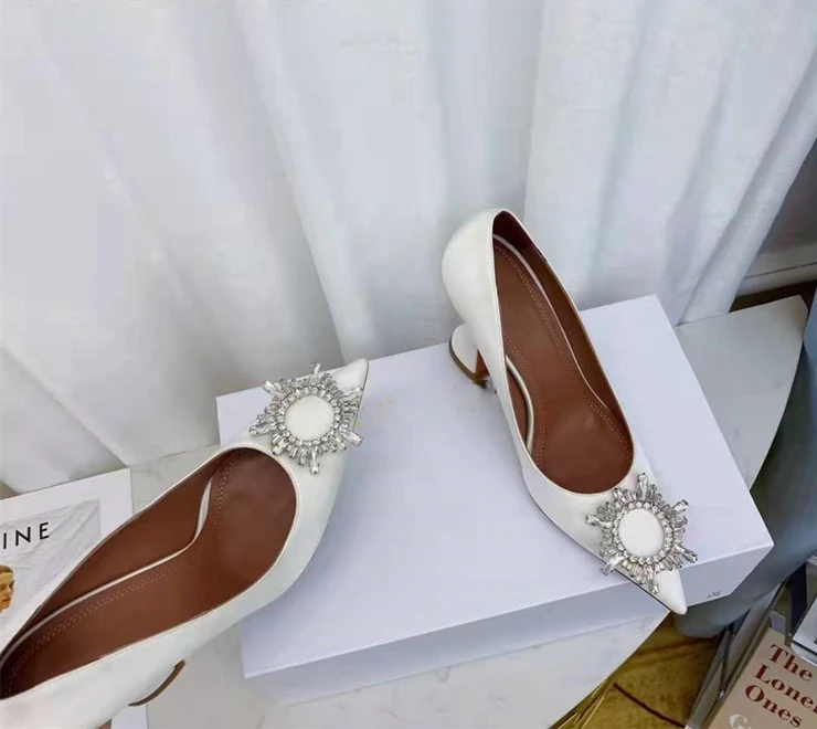 Black Pointed Toe Rhinestone High Heels Stiletto 2022 Spring and Autumn New Satin Single Shoes Medium Heel Women's Shoes