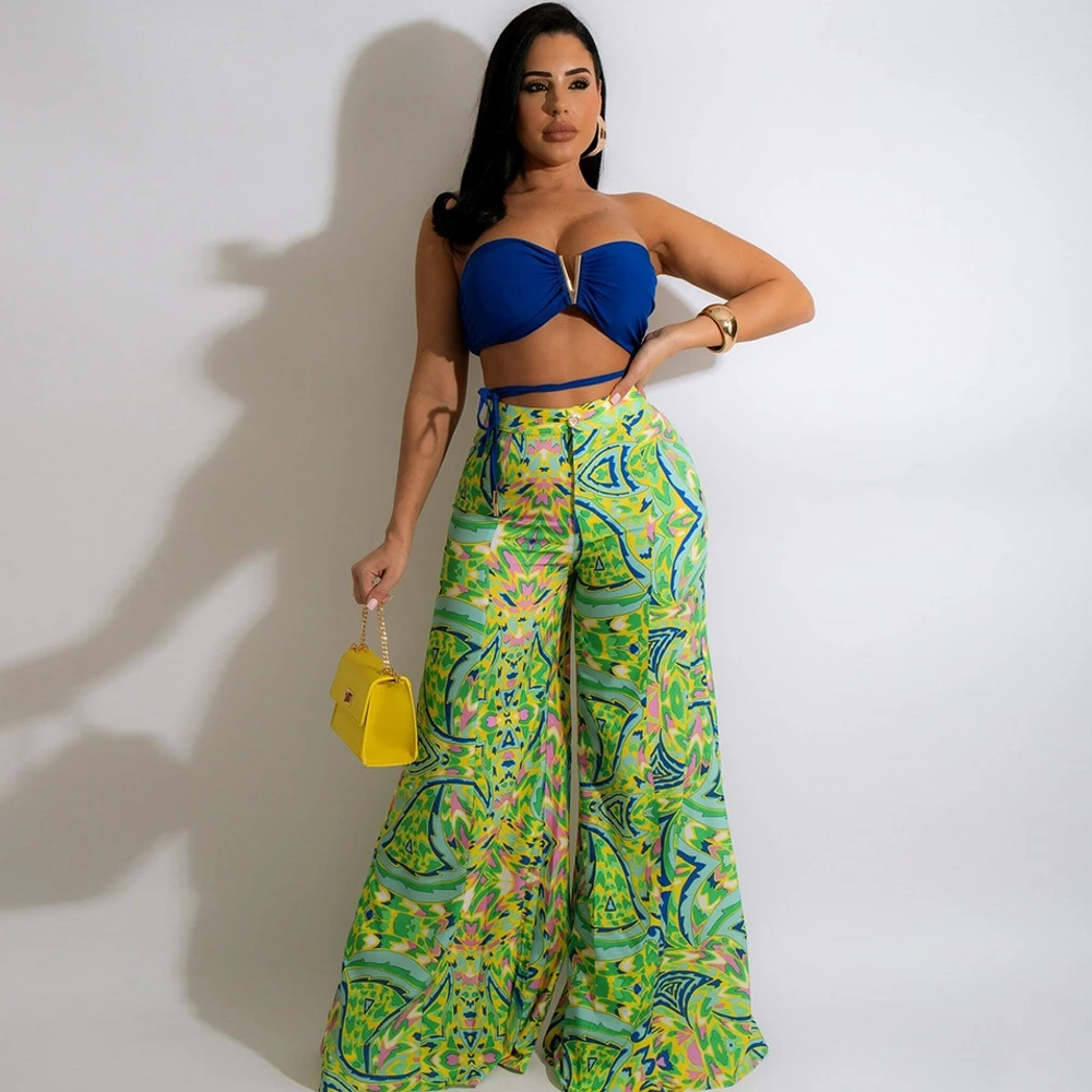 

2 Piece Dashiki African Sets For Women Sleeveless Tops And Wide Leg Pants Africa Bazin Baggy Pants Rock Style Famous Suit Outfit