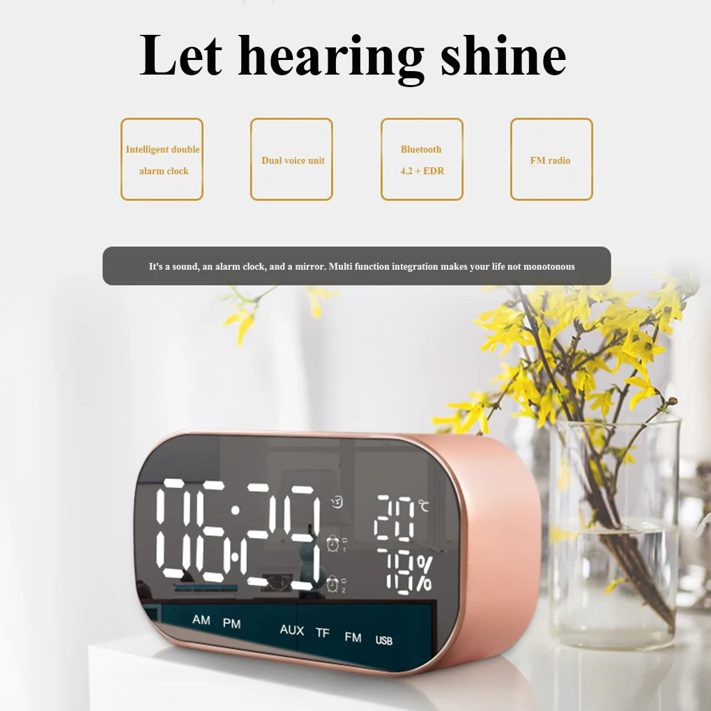 

Беспроводной FM-радиоприемник с будильником, портативный Bluetooth-динамик с поддержкой температуры, светодиодный дисплей, стерео музыкальный п...