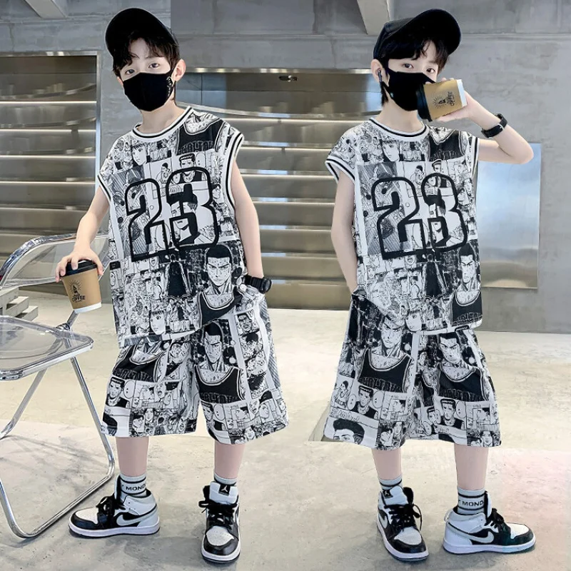 

Летний комплект одежды для мальчиков, топ с коротким рукавом и шорты, комплект из 2 предметов, детский спортивный костюм для подростков, тренировочная форма для баскетбола и футбола