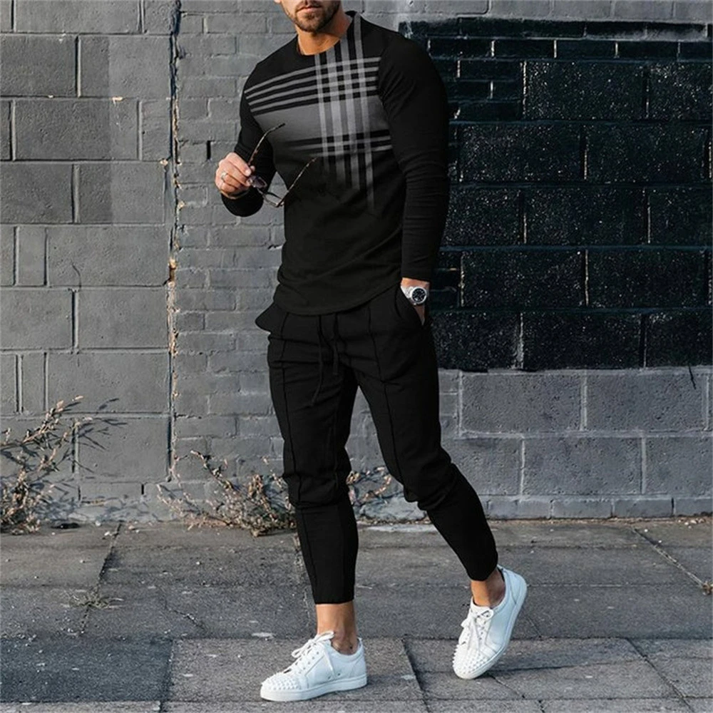 2023 New Men's 2 Piece Set Trousers Tracksuit 3D Printed Autumn Joggers Long Sleeve T Shirt+Pants Casual Street Sport Clothes