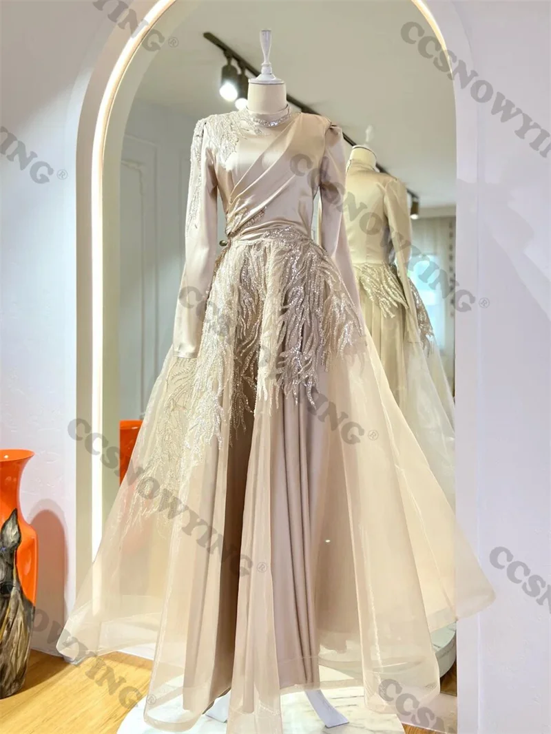 

Champagne Luxury High Neck Satin Appliques Beading Ball Gown Muslim Evening Dress Long Sleeve Robe De Soire Arabic Dubai Kaftan