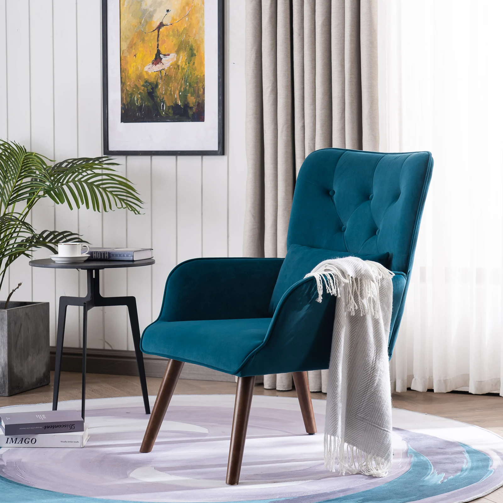 

1pc Exquisite Dining Chair Modern Style Velvet Shell Dining Arm Chair Lounge Chair with Wooden Legs for Kitchent Modern Style