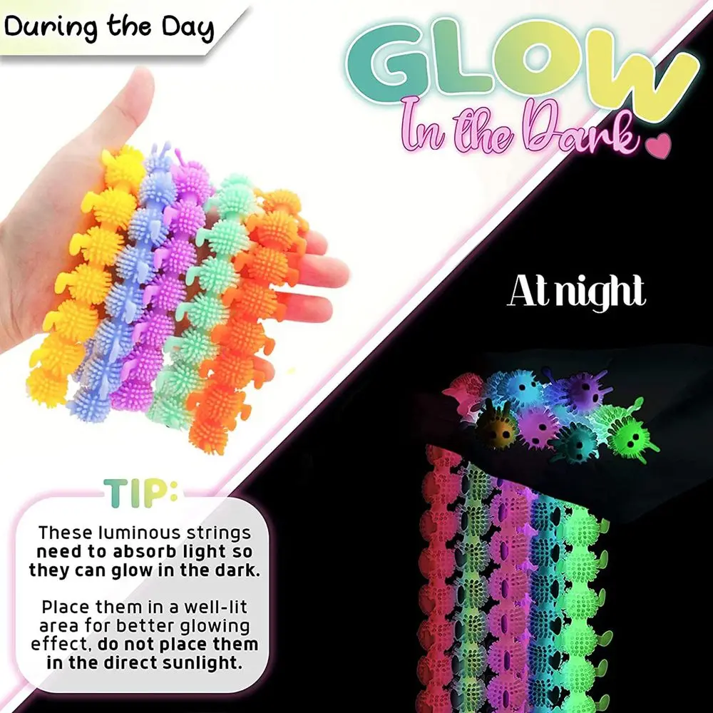 1PC Luminous Caterpillars Toy For Anxiety, Stress Relief Fuzzy Stretchy Worm Glow In The Dark Noodles Play Toy For Boys Girl