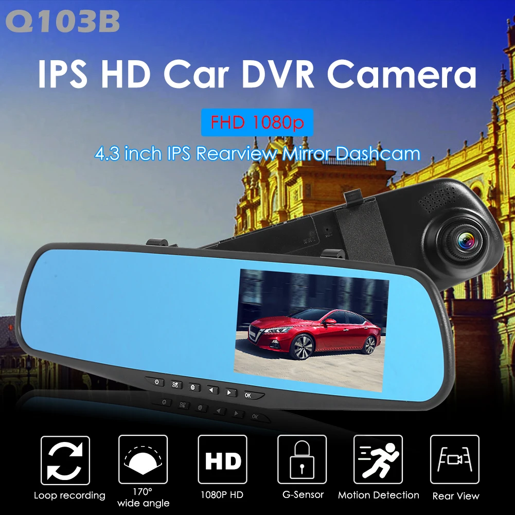 

Q103B Dual Lens Car DVR Camera 4.3 inch IPS Rearview Mirror Dashboard Camera HD 1080p Rearview Mirror Dash Cam Video Recorder