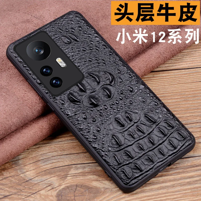 

Original Genuine Cowhide Leather Case For Xiaomi Mi 12 12S Pro X Retro 3D Crocodile Head Alligator Skull Armor Phone Cover