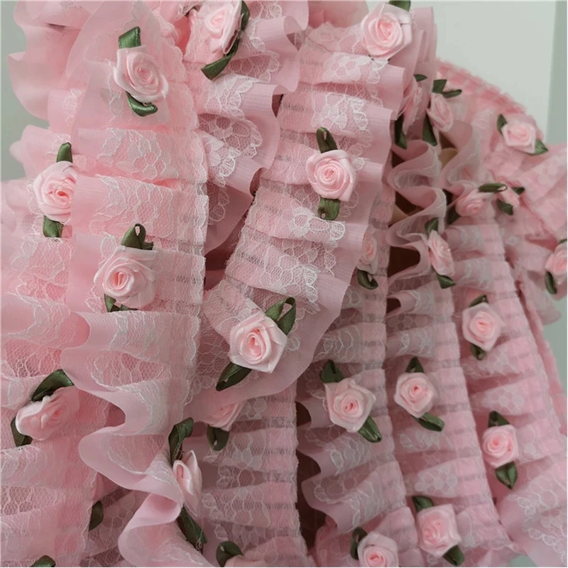 

1M Latest Pleated Guipure Flower Rose Lace Ribbon Trim Material 5cm Pink Lace Fabric Sewing Accessories Trimmings Clothing QT8