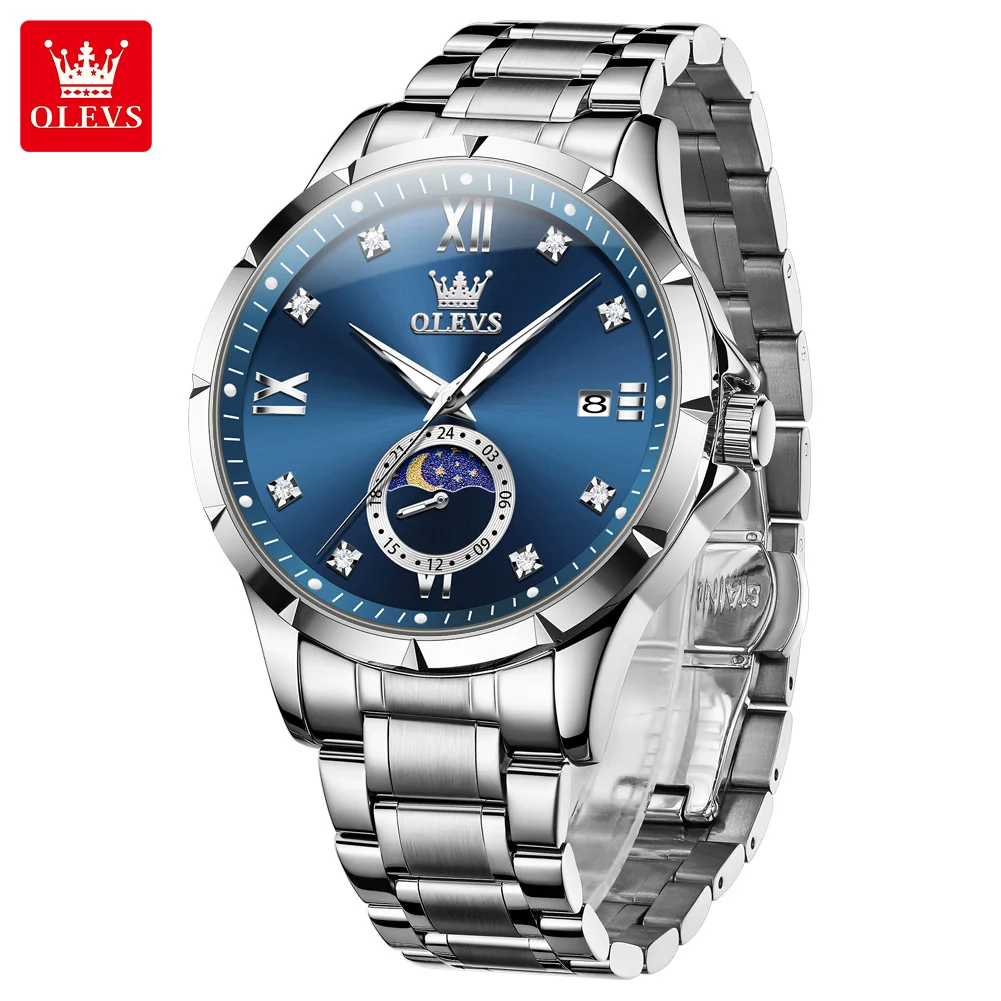 Часы для мужчин часы с календарем и фазой месяца мужские черные кварцевые