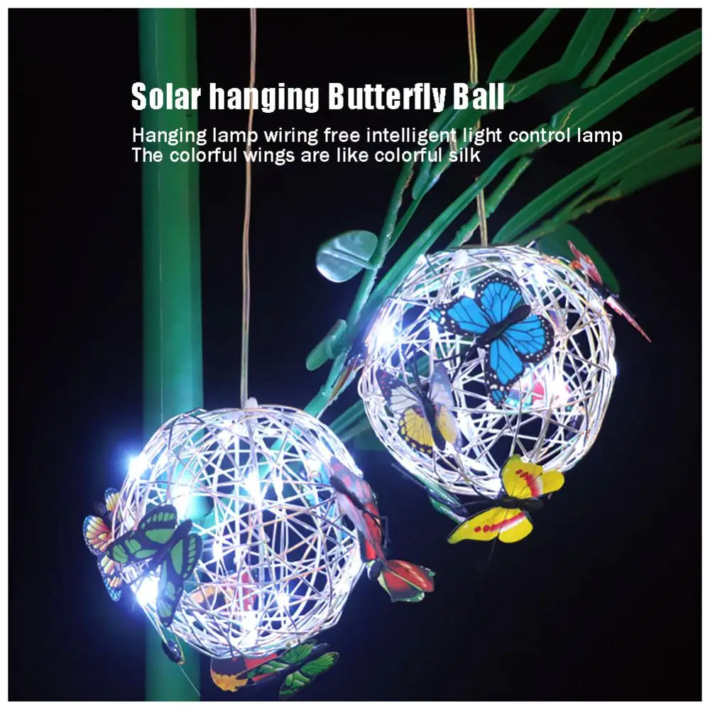 

Garden Hanging Solar Light Ball With Butterfly Waterproof Metal Weaving Hanging Lamp Home Decorative Night Light Decoration Tool