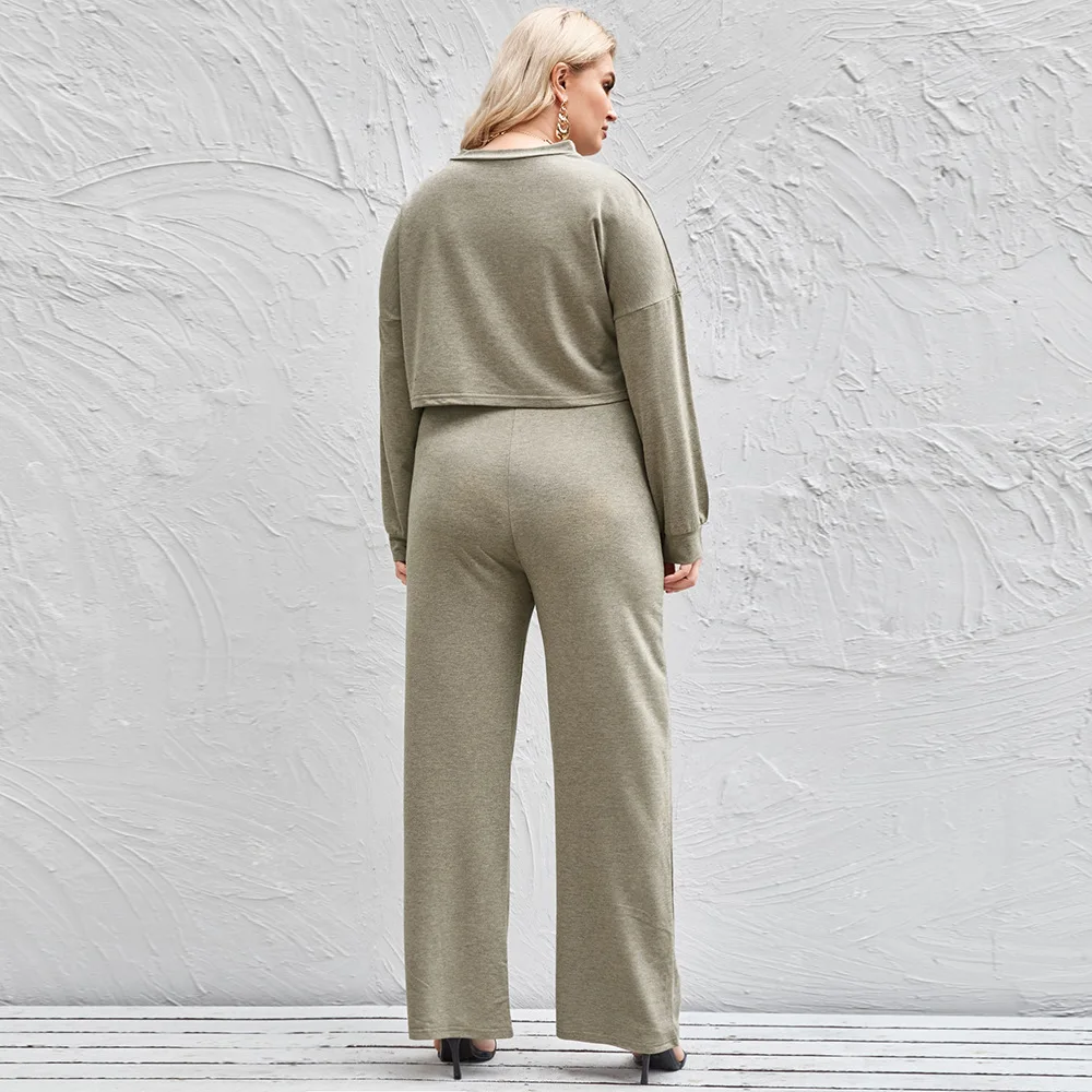 Plus Size Matching Sets Two Piece Sets Womens Outifits Winter Office Lady Solid Long Sleeve O-Neck Elastic Waist Slight Strech