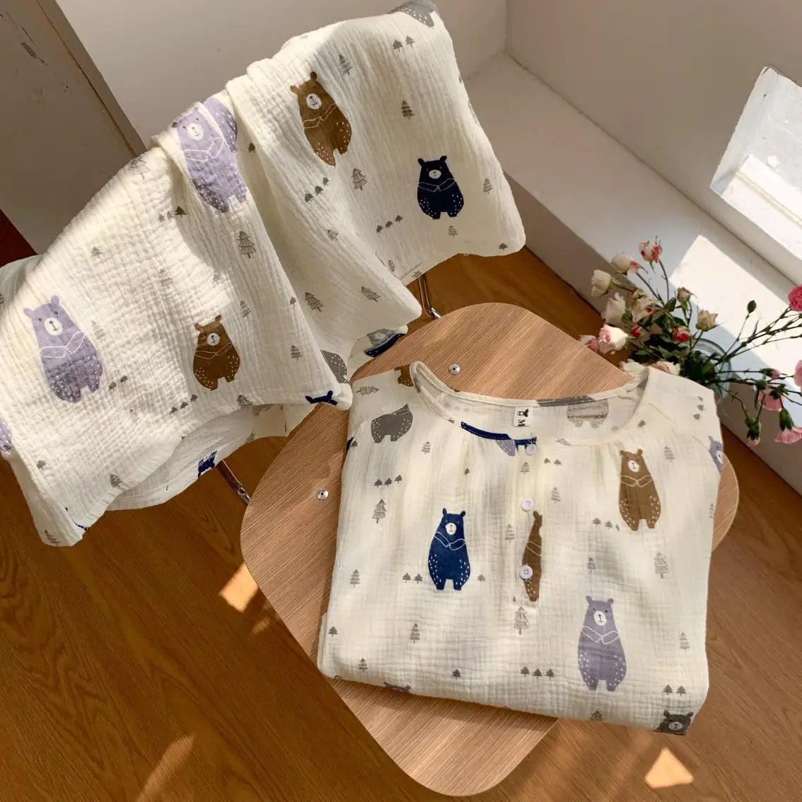 Soft Cartoon Print Spring Long Sleeve Home Sweet Kawaii Pajamas Set Women Elegant Casual Loli Simple Two Piece Set Fashionable