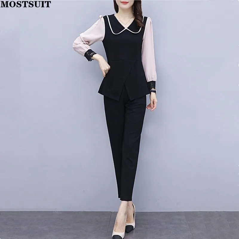 

Fashion Elegant Two Piece Pant Sets Women Patchwork Sleeve Tops & Pants Outfits 2022 Spring Autumn Loose Ladies Sets