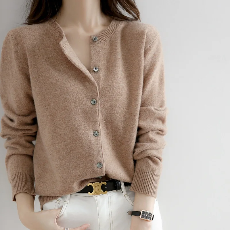 

Women's Sweater 2023 Women Cardigans O-neck Single Breasted Short Slim Brown Knitted Jacket Ladies Long Sleeve Cardigan Coat Top