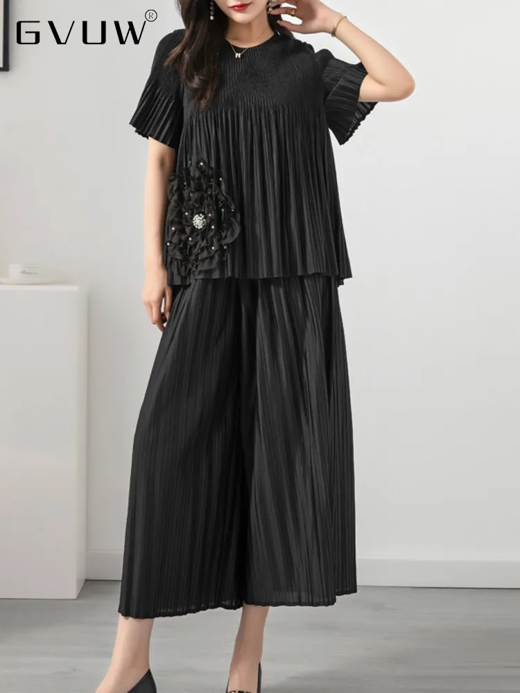 

Плиссированный комплект из 2 предметов GVUW, роскошная футболка с трехмерными лепестками и коротким рукавом, свободные брюки с эластичной тал...