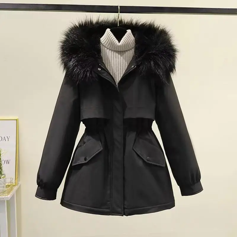 Plus Velvet Padded Jackets 2022 Winter Women Hooded Long Sleeve Fur Collar Cargo Jacket Woman Parkas Casual Big Pocket Warm Coat