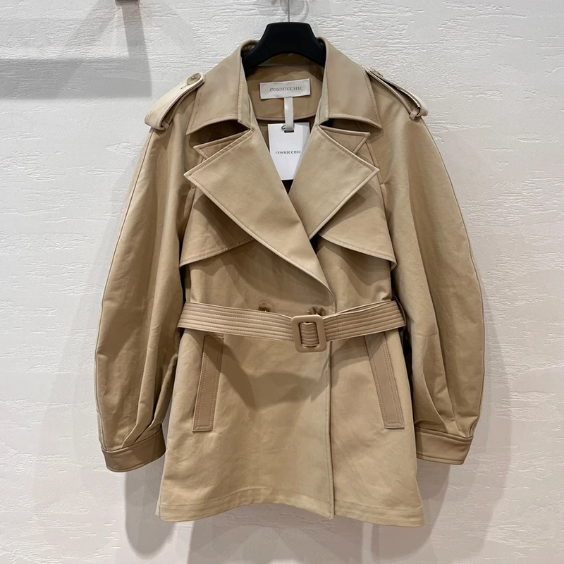 

AW Elegent Windbreaker Jacket Women Lapel Leather Belt Trench Coats 3 Colors Fashion Safari Style Vintage Loose Casual Outerwear
