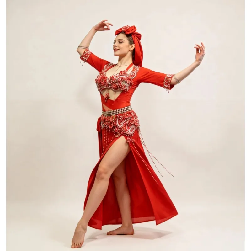 Фото Костюм для восточных танцев: Красное платье для танца живота с пайетками, цельный корсет-халат, для Хэллоуина и сценических выступлений, для взрослых и детей №2